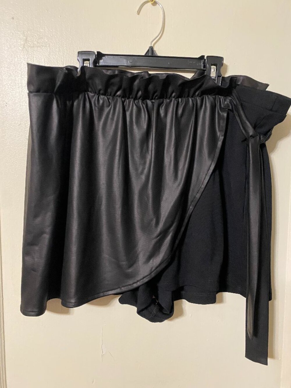 Asos black faux-leather wrap paperbag skort size 14 asymmetrical overlap panels
